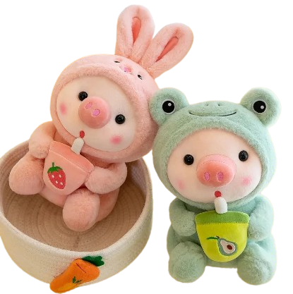 plush piglet holding bubble tea and wearing pyjamas