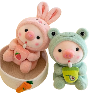 plush piglet holding bubble tea and wearing pyjamas