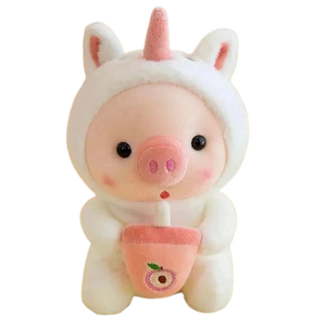 plush piglet holding bubble tea and wearing pyjamas