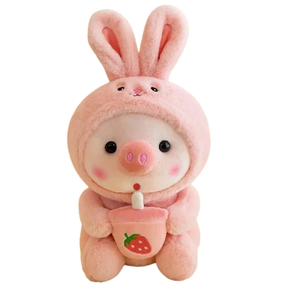 plush piglet holding bubble tea and wearing pyjamas