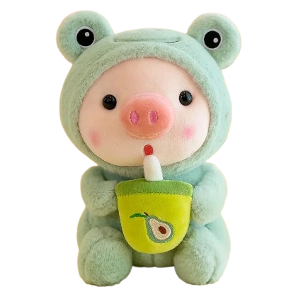 plush piglet holding bubble tea and wearing pyjamas