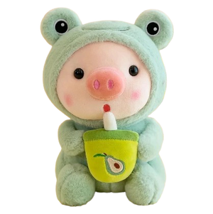 plush piglet holding bubble tea and wearing pyjamas